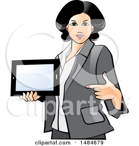 Clipart of a Hispanic Business Woman Holding and Pointing to a Tablet Computer - Royalty Free Vector Illustration by Lal Perera