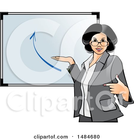 Clipart of a Hispanic Business Woman Pointing to and Presenting a Board with an Arrow - Royalty Free Vector Illustration by Lal Perera