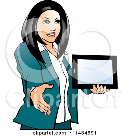 Clipart of a Hispanic Business Woman Holding a Tablet Computer and Reaching out to Shake Hands - Royalty Free Vector Illustration by Lal Perera