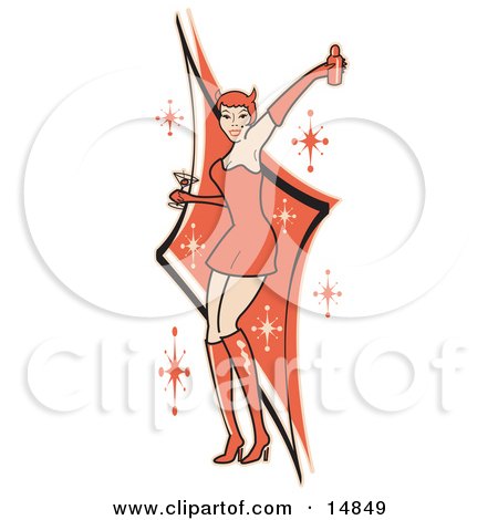 Attractive Woman In A Tight Red Dress, Gloves And Tall Boots And Forked Devil Tail, Dancing While Drinking At A Party Clipart Illustration by Andy Nortnik