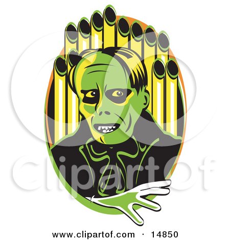 Green Phantom Standing in Front of Pipes of an Organ Clipart Illustration by Andy Nortnik