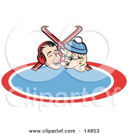 Happy Laughing Couple With Skis Retro Clipart Illustration by Andy Nortnik