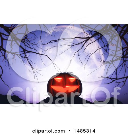 Clipart of a 3d Halloween Jackolantern Pumpkin with Bare Branches Against a Full Moon - Royalty Free Illustration by KJ Pargeter