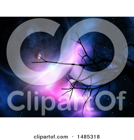 Clipart of a 3d Bare Tree Against a Night Sky with Planets - Royalty Free Illustration by KJ Pargeter