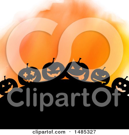 Clipart of a Silhouetted Hill with Halloween Jackolantern Pumpkins over Orange Watercolor - Royalty Free Vector Illustration by KJ Pargeter