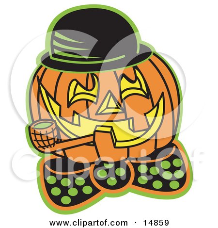 Carved Jack O Lantern Wearing a Hat and Bowtie and Grinning While Smoking a Pipe  Posters, Art Prints