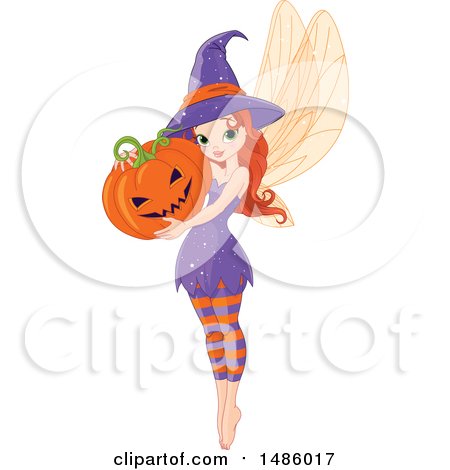 Clipart of a Red Haired Pixie Fairy Woman Holding a Halloween Jackolantern Pumpkin - Royalty Free Vector Illustration by Pushkin