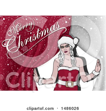 Clipart of a Woman with Curtains and Merry Christmas Text - Royalty Free Vector Illustration by dero