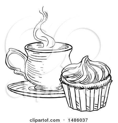 Clipart of a Black and White Sketched Cupcake and Tea or Coffee - Royalty Free Vector Illustration by AtStockIllustration