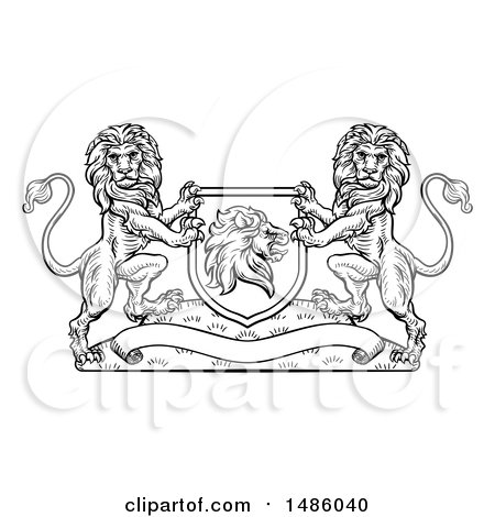 Clipart of a Black and White Heraldic Lions Coat of Arms Crest - Royalty Free Vector Illustration by AtStockIllustration