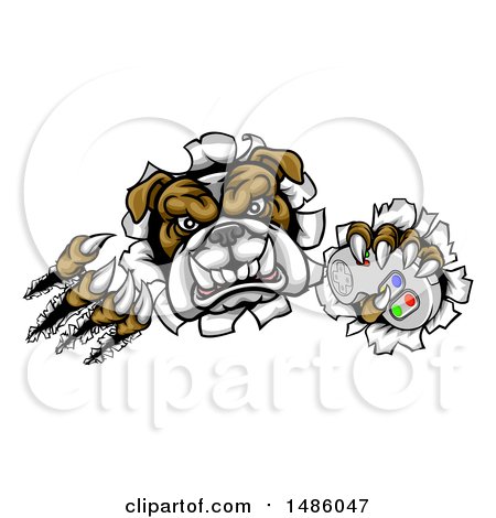 Clipart of a Tough Bulldog Mascot Holding a Video Game Controller and Breaking Through a Wall - Royalty Free Vector Illustration by AtStockIllustration
