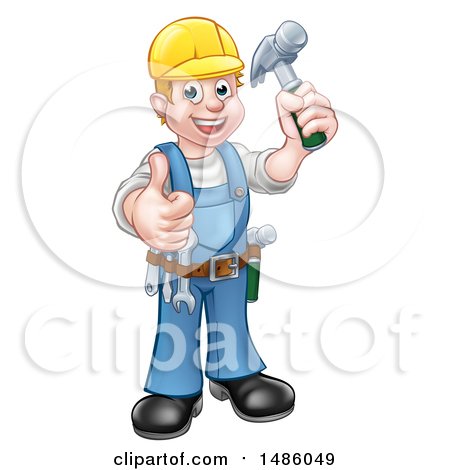Clipart of a Full Length Happy Male Carpenter Holding a Hammer and Giving a Thumb up - Royalty Free Vector Illustration by AtStockIllustration