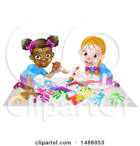 Clipart of Girls Kneeling on Paper and and Painting - Royalty Free Vector Illustration by AtStockIllustration