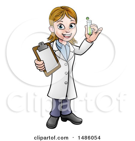 Clipart of a Happy White Female Scientist Holding a Test Tube and Clipboard - Royalty Free Vector Illustration by AtStockIllustration