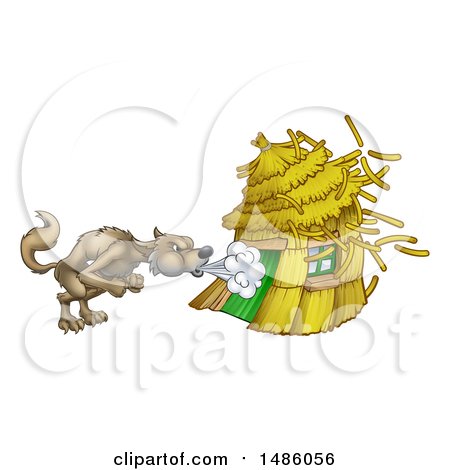 Clipart of a Big Bad Wolf Blowing down a Straw House - Royalty Free Vector Illustration by AtStockIllustration