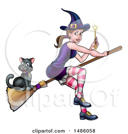 Clipart of a Witch Holding a Magic Wand and Cat Flying on a Broomstick - Royalty Free Vector Illustration by AtStockIllustration