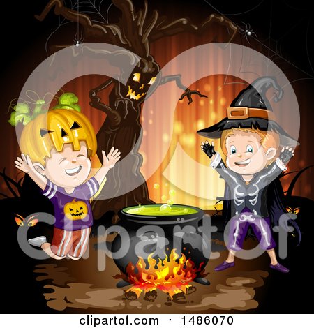 Clipart of a Boiling Cauldron, Ent Tree and Boys in Halloween Costumes - Royalty Free Vector Illustration by merlinul