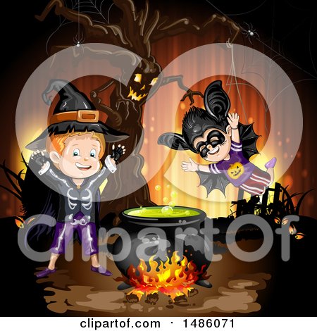 Clipart of a Boiling Cauldron, Ent Tree and Boys in Halloween Costumes - Royalty Free Vector Illustration by merlinul