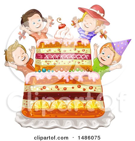 Clipart of a Group of Kids and Giant Cake - Royalty Free Vector Illustration by merlinul