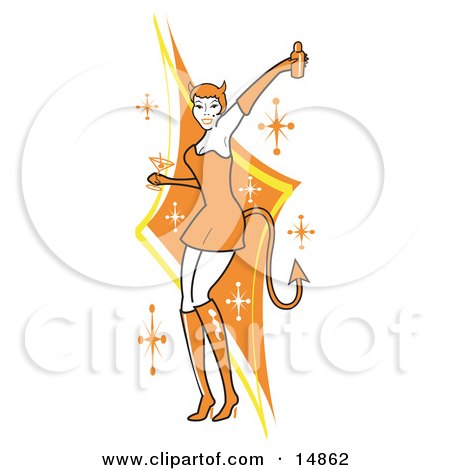 Attractive Woman In A Tight Orange Dress, Gloves And Tall Boots And Forked Devil Tail, Dancing While Drinking At A Halloween Party Clipart Illustration by Andy Nortnik