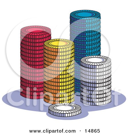 Stacks Of Red, Yellow, Blue And White Poker Chips In A Casino Clipart Illustration by Andy Nortnik