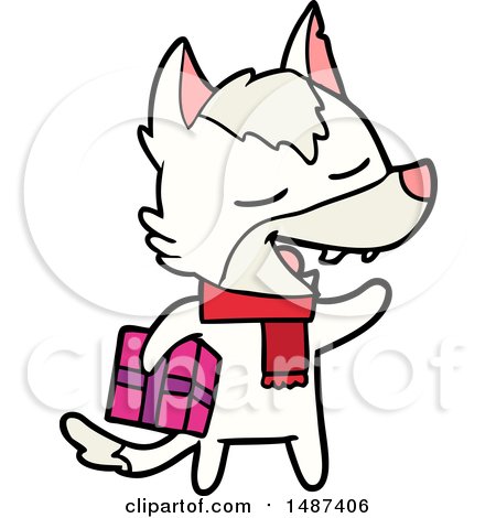 Cartoon Wolf with Christmas Present Laughing by lineartestpilot