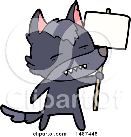 Cartoon Wolf with Sign Post Showing Teeth by lineartestpilot