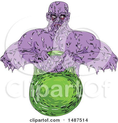 Clipart of a Sketched Grim Art Styled Bodybuilder Lifting a Kettle Bell - Royalty Free Vector Illustration by patrimonio