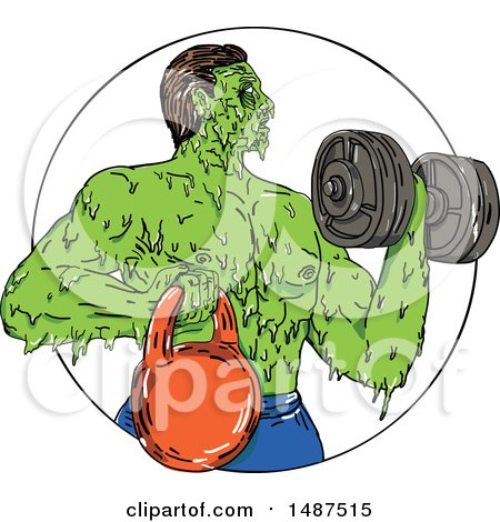 Clipart of a Sketched Grim Art Styled Bodybuilder with a Kettlebell and Dumbbell - Royalty Free Vector Illustration by patrimonio