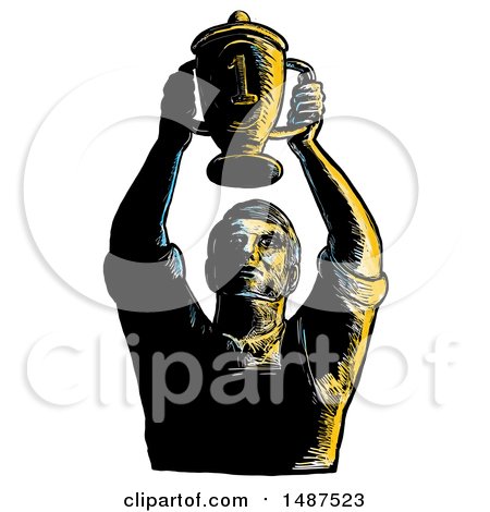 Clipart of a Worker Holding up Championship Trophy Cup, on a White Background - Royalty Free Illustration by patrimonio