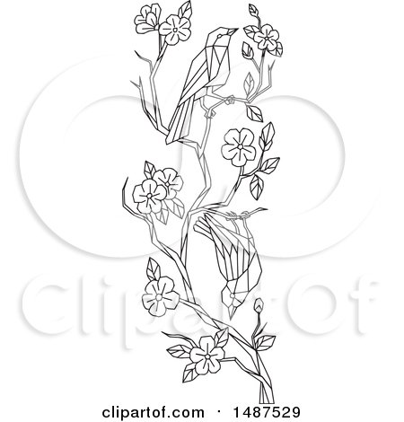 Clipart of a Low Polygon Styled Cherry Blossom Branch with Japanese White-eye Birds - Royalty Free Vector Illustration by patrimonio