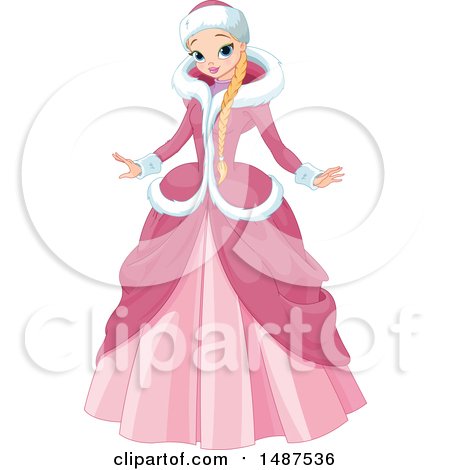 Clipart of a Winter Princess in a Pink Gown and Coat - Royalty Free Vector Illustration by Pushkin