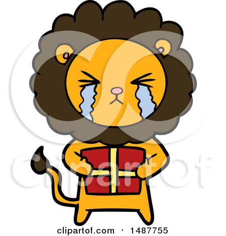 Cartoon Crying Lion with Gift by lineartestpilot