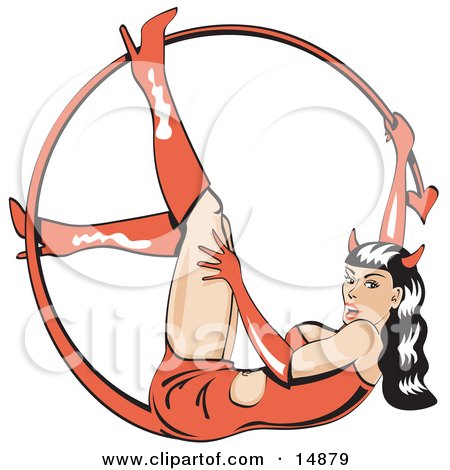 Sexy Brunette Woman In A Rubber Dress And Boots, Lying On Her Back And Holding Onto Her Curved Forked Devil Tail Clipart Illustration by Andy Nortnik