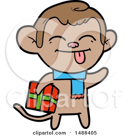 Funny Cartoon Monkey with Christmas Present by lineartestpilot
