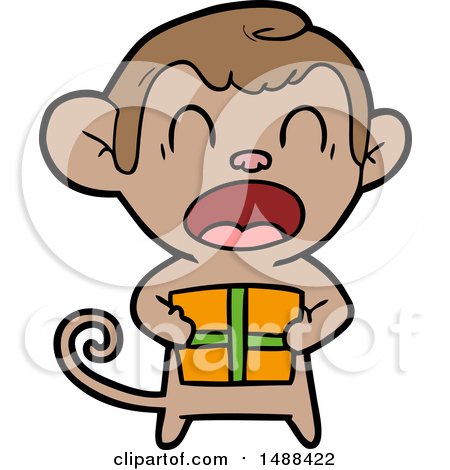 Shouting Cartoon Monkey Carrying Christmas Gift by lineartestpilot