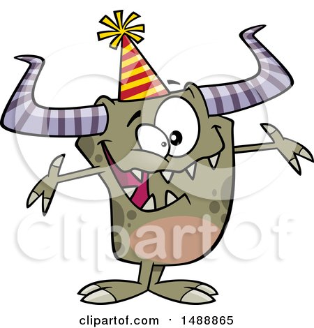 Clipart of a Cartoon Monster Wearing a Party Hat and Welcoming - Royalty Free Vector Illustration by toonaday
