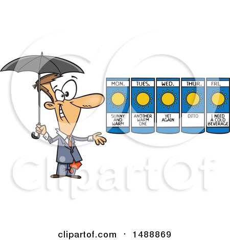 Clipart of a Cartoon Weather Man Presenting a Forecast of Sunny Days and Holding an Umbrella - Royalty Free Vector Illustration by toonaday
