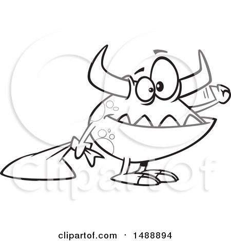 Clipart of a Cartoon Lineart Halloween Trick or Treating Monster Knocking - Royalty Free Vector Illustration by toonaday