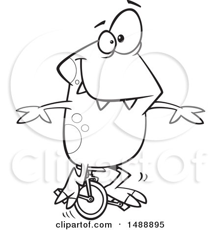 Clipart of a Cartoon Lineart Monster on a Unicycle - Royalty Free Vector Illustration by toonaday