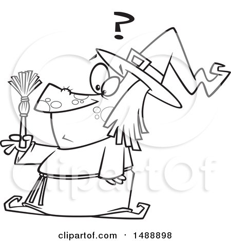 Clipart of a Cartoon Lineart Witch Looking at a Tiny Broom - Royalty Free Vector Illustration by toonaday