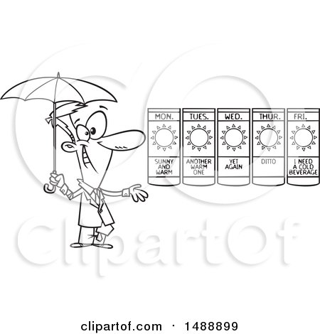Clipart of a Cartoon Lineart Weather Man Presenting a Forecast of Sunny Days and Holding an Umbrella - Royalty Free Vector Illustration by toonaday