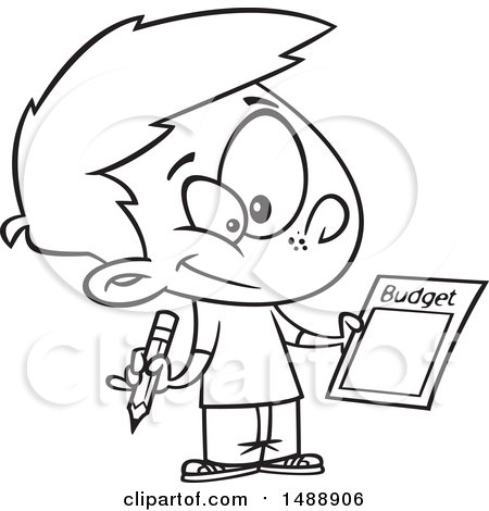 Clipart of a Cartoon Lineart Boy Writing up a Budget - Royalty Free Vector Illustration by toonaday