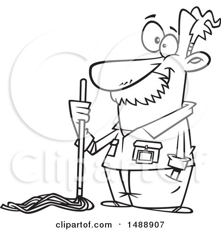 Clipart of a Cartoon Lineart Caretaker or Janitor Custodian Man with a Mop - Royalty Free Vector Illustration by toonaday