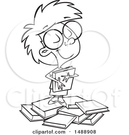 Clipart of a Cartoon Lineart Girl Hugging a Book on a Pile - Royalty Free Vector Illustration by toonaday