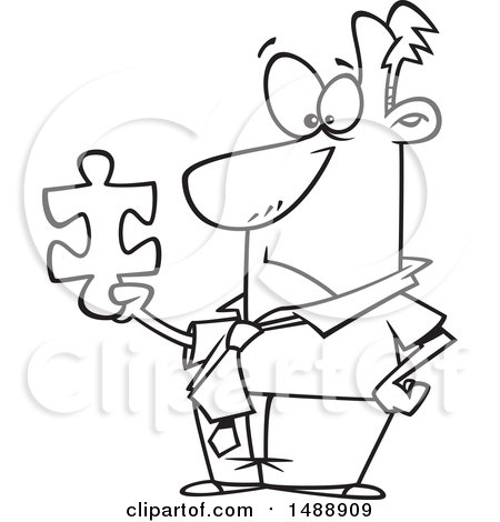 Clipart of a Cartoon Lineart Business Man Holding a Puzzle Piece - Royalty Free Vector Illustration by toonaday