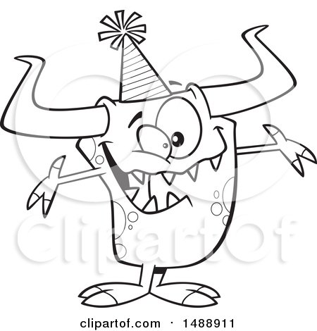 Clipart of a Cartoon Lineart Monster Wearing a Party Hat and Welcoming - Royalty Free Vector Illustration by toonaday