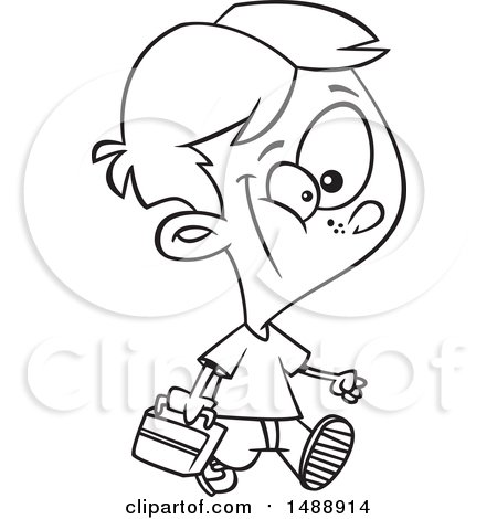 Clipart of a Cartoon Lineart Boy Walking with a Lunch Box - Royalty Free Vector Illustration by toonaday