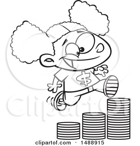 Clipart of a Cartoon Lineart Girl Running up a Stack of Coins - Royalty Free Vector Illustration by toonaday