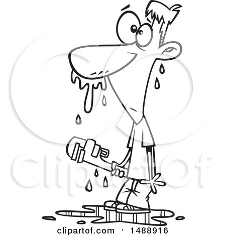 Clipart of a Cartoon Lineart Man Covered in Water After Trying to Fix a Plumbing Problem Himself - Royalty Free Vector Illustration by toonaday